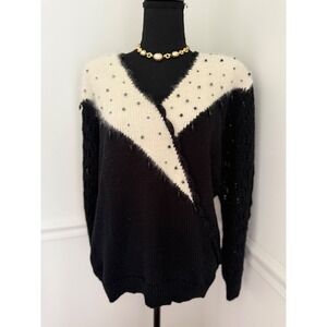 Vintage 80s v neck glamour Beaded Angora rabbit Blend Sweater Black White sz M